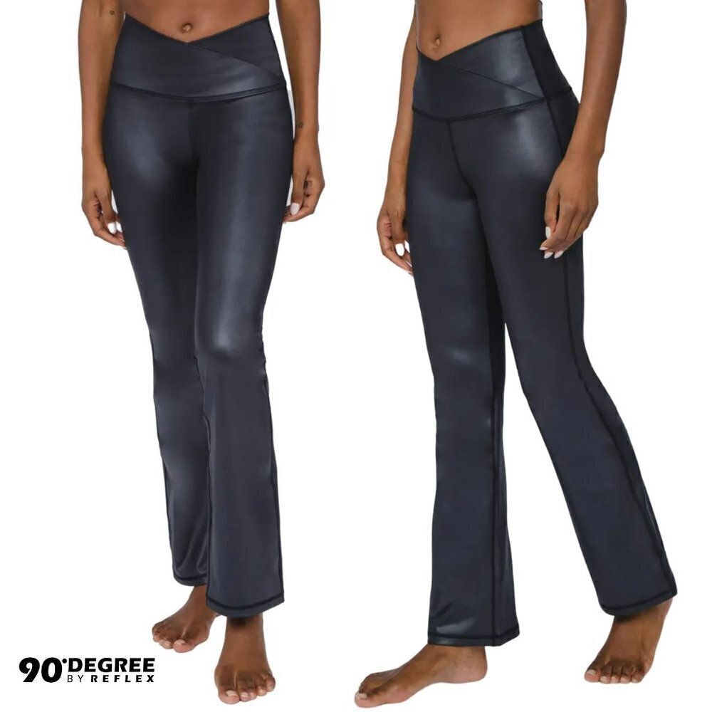 NWT 90 Degree By Reflex Interlink High Waist Faux Leather Flared Leg Yoga Pants